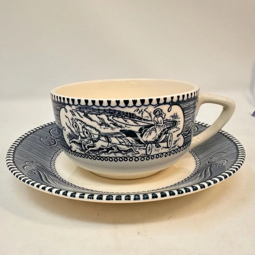 Vintage Royal China Currier and Ives Blue Transferware 5 Piece Dinnerware Set
